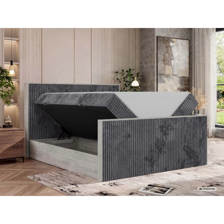 Boxspringbett NORDIC DUO 160 x 200 cm mit Matratze H3, hohe Kopfteil Doppelbett inkl. Topper T25 Holzoptik zwei Bettkästen - Grau Cord – Bild 4