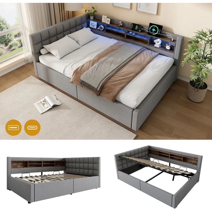 Daybett, Tagesbett, Schlafsofa,140x200 cm, Ohne Matratze, Hydraulische Lagerung, mit dimmbarer LED-Leiste, mit praktischem Regal, mit USB-Anschluss,Grau – Bild 5