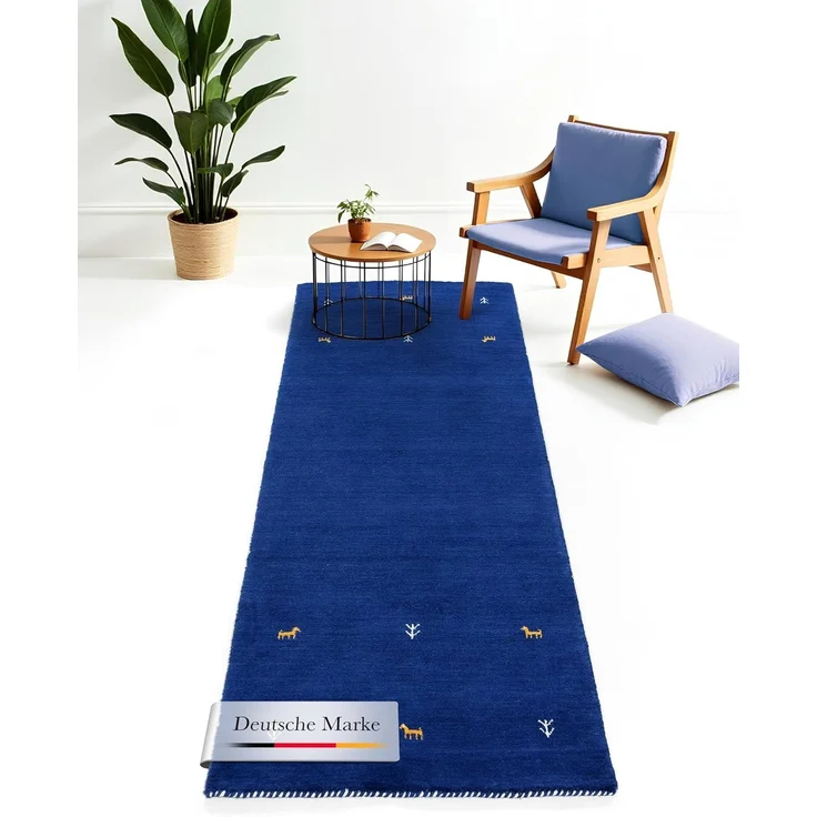 carpetfine 'Gabbeh Uni' Wollteppich, reine Wolle, Blau, 75x240 cm – Bild 1