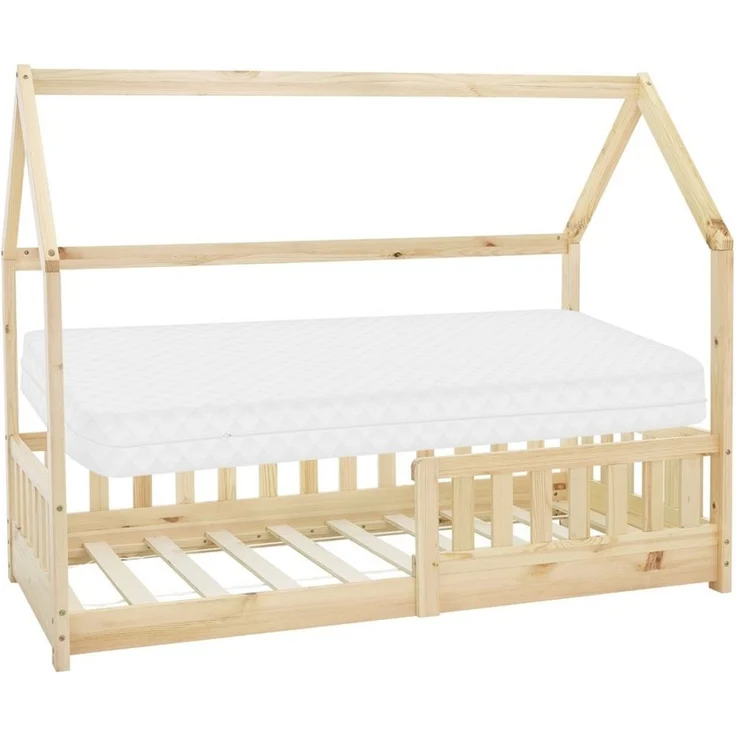 ML-DESIGN Kinderbett Hausbett mit Rausfallschutz, Dach und Lattenrost Massivholz, Bett 80x160 cm Natur mit Matratze 16cm für Mädchen Jungen Holzbett – Bild 1