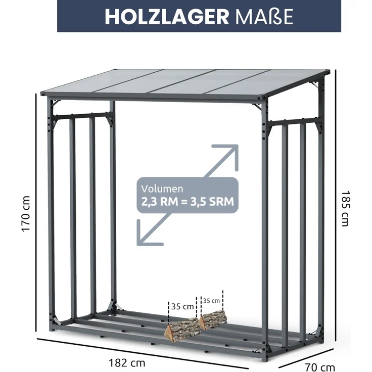 DELUKE® Kaminholzregal Außen mit Dach ELOS - 182x70x185cm | Metallrahmen, Inkl. Ofenhandschuh | Brennholzregal außen Brennholzunterstand Kaminholzunterstand Holzlager – Bild 2