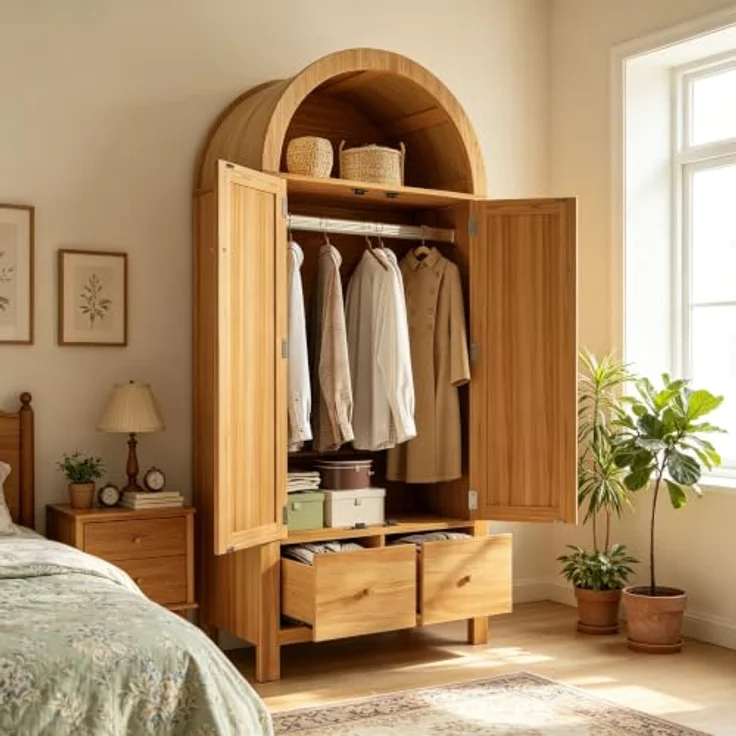 Arcus Gewölbter Kleiderschrank mit Rattan-Türen, 3 Staubereichen, 2 Schubladen für Schlafzimmer & Eingangsbereich (Naturfarbe) – Bild 6