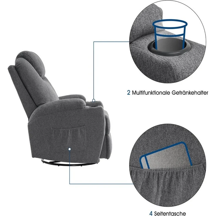 MCombo Relaxsessel MCombo manuell Massagesessel TV-Sessel Relaxsessel 7020, manuell, mit Heizung, 360° drehbar und schwenkbar, 100 × 92 × 109 cm – Bild 2