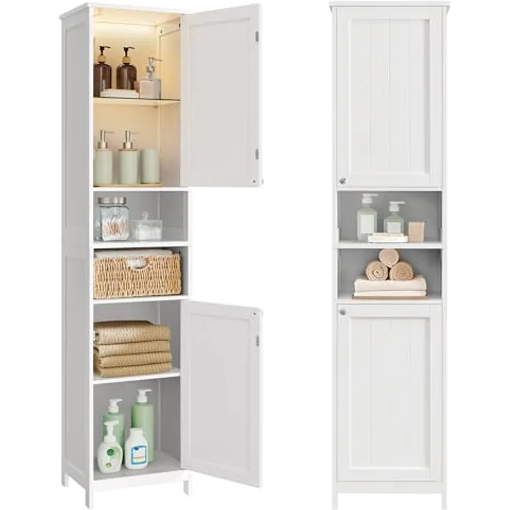 VASAGLE Badezimmerschrank mit Beleuchtung, hoch, schlanker Badschrank, Aufbewahrungsschrank mit verstellbaren Ablagen, für kleine Räume, modern, 40 cm breit, wolkenweiß BBC766WH03