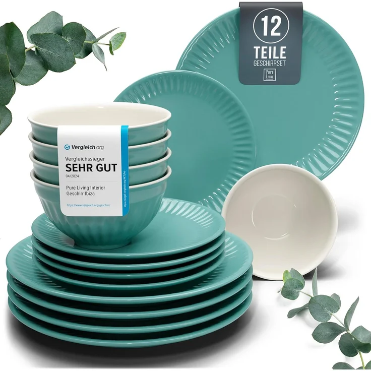 Steingut Geschirrset 4 Personen Hygge 12 tlg. TESTSIEGER, Traumhaftes Skandinavisches Steingut Geschirr Set, Schüssel- und Teller Set, Tafelservice 4 Personen, Geschirrsets Pure Living in Petrol