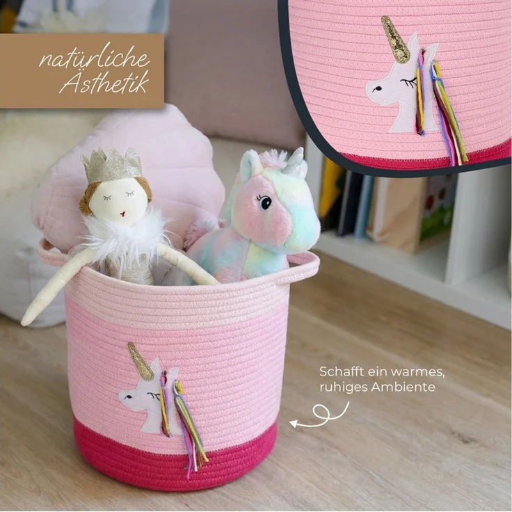 HMF Aufbewahrungskorb Aufbewahrungskorb mit verlängerten Griffen, runder Korb, Baumwolle für Kinderzimmer oder Babyzimmer, Einhorn, 30,5 x 30,5 cm – Bild 4