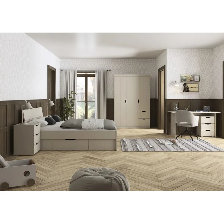 Jugendzimmer Frieda 5-teilig mit 3 türigem Kleiderschrank in Beige von Rauch Möbel, Ein Raum zum Ankommen, Wachsen und Wohlfühlen – in verschiedenene Ausführungen wählbar - 5 teilig , Kleiderschrank 3trg mit Schubkästen + 140er Jugendbett + Nachttisch ...