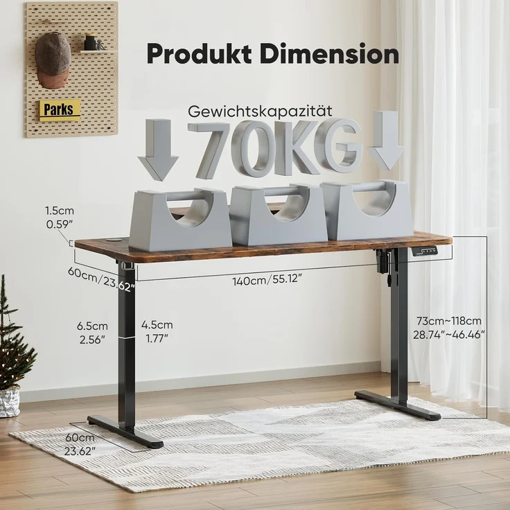 Sweetcrispy Höhenverstellbarer Schreibtisch mit Monitorständer, 140x60 cm Schreibtisch Höhenverstellbar Elektrisch, Ergonomischer Steh-Sitz Tisch, Computertisch Standing Desk, Vintagebraun – Bild 3