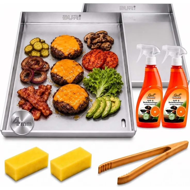 2x Plancha Grillplatte 30x37cm Edelstahl Set mit Grillzange & Grillreiniger