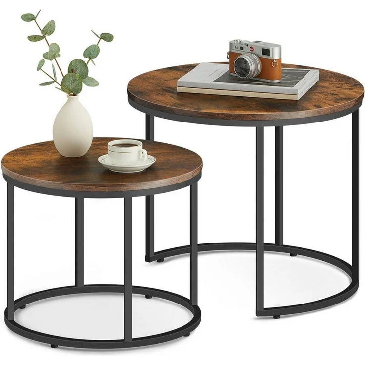 Home Collective Couchtisch 2er Set Beistelltisch Loft Design 2in1 Verschachtelung Wohnzimmer, kratzfeste Oberfläche 53cm & 43cm Rustikal-Eiche schwarzen Beinen rund – Bild 1