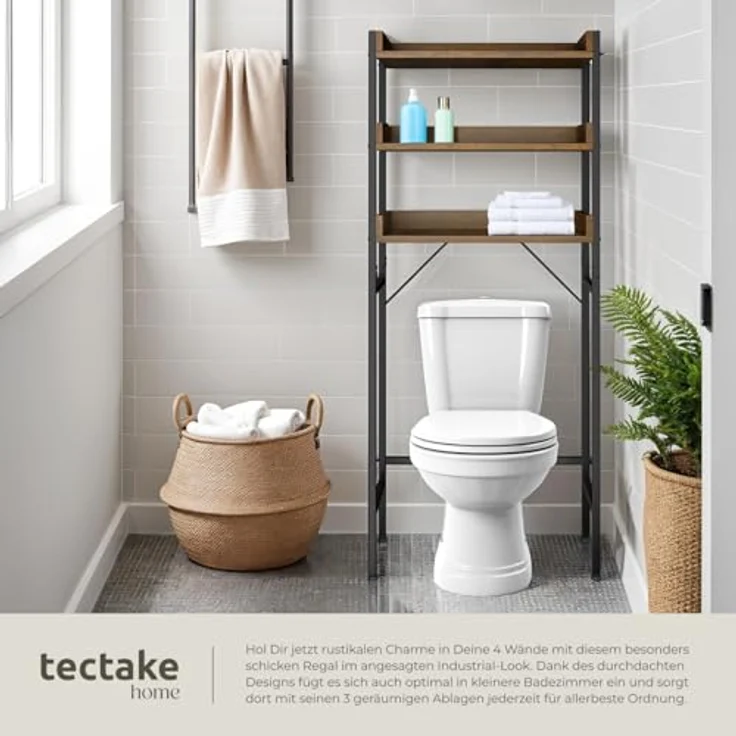 tectake Badezimmerregal mit 3 Ablagen, Badregal, Waschmaschinenregal, Industrial Design, Überbauschrank, Regal für Waschmaschine, Toilettenregal, WC Regal, 67 x 25 x 165 cm - Industrial Dunkelbraun – Bild 8