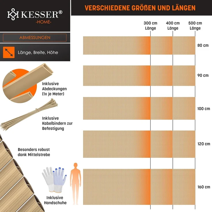 KESSER® PVC Sichtschutzmatte Sichtschutzzaun 80x300 cm | Balkonverkleidung Windschutz | verstärkte Lamellen für Garten Balkon & Terrasse | Balkonumrandung inkl. Kabelbindern & Abdeckung Bambus – Bild 7