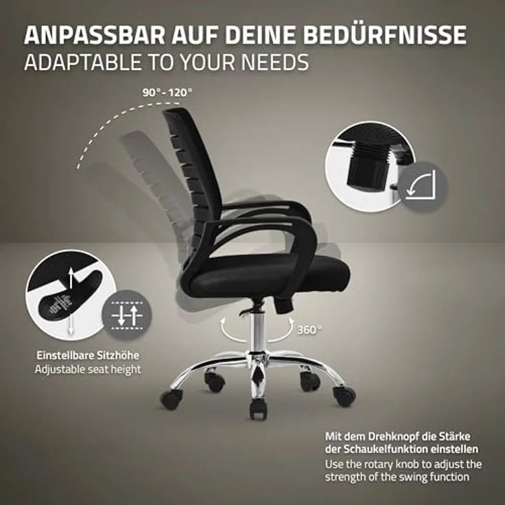 ML-DESIGN Schreibtischstuhl, Höhenverstellbarer Drehstuhl mit atmungsaktiver Netzrückenlehne, schwarz, 1-Sitzer, 54x99x59 cm, bis 130 kg Belastbarkeit – Bild 5