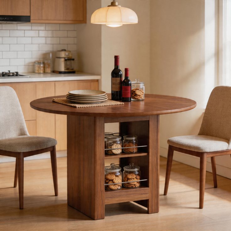 Esstisch rund 100x100x76 cm, MDF in Walnussoptik mit offenen Stauraumfächern – Bild 6