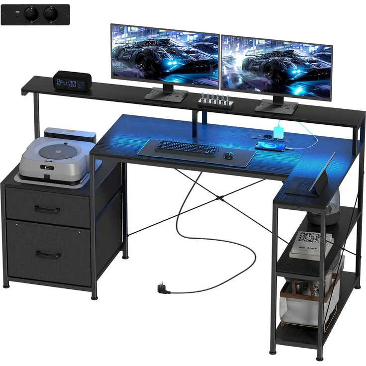 MELAYR, Eck-Gaming-Schreibtisch 165 x 80 cm, LED-Beleuchtung und Ladestation, Schwarz – Bild 2
