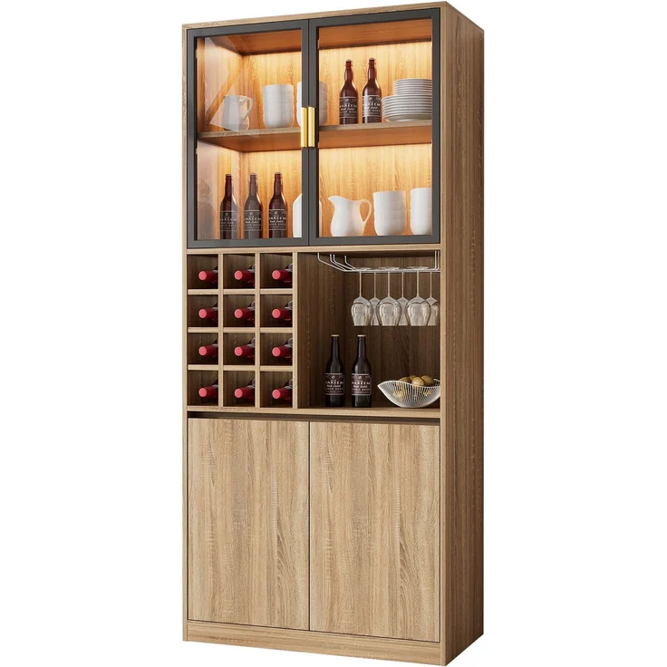 Badezimmerschrank,Spirituosenschrank,Vitrine Vitrinenschrank mit Glastüren und Beleuchtung 180 CM--Natürlich2--80x40x180cm--YOUDENOVA – Bild 4