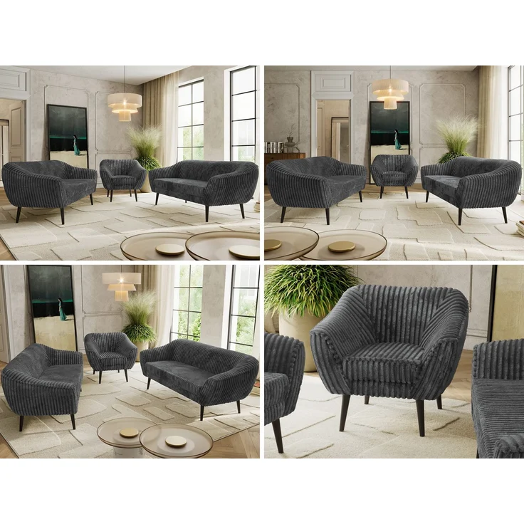 Wohnzimmerset, Möbelset PIRS 3-3-1, Armlehnen, Wellenfederung, schwarze Füße, Dreisitzer Sofas mit Sessel, Polstermöbel Set - Grau Cord – Bild 2