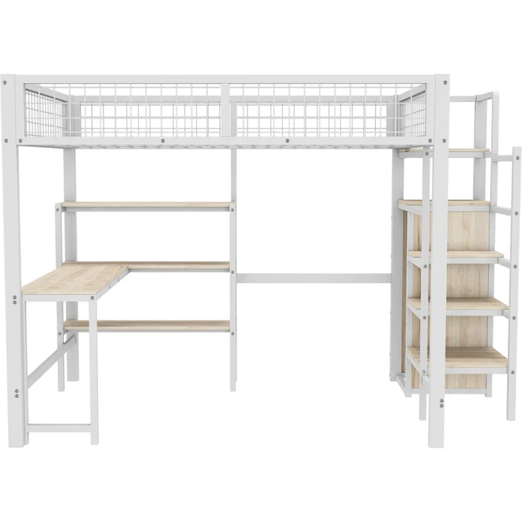 Hochbett, 140*200 cm, Eisenbett, Ablageleiter, mehrere Regale, Ohne Matratze, Einbauschrank, Schreibtisch, Weiß – Bild 7