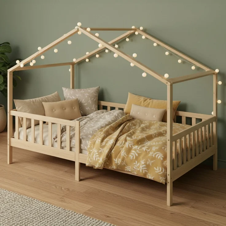 Bellabino 'Bia' Hausbett 120x200 cm, natur, Kiefer Massivholz, Montessori Kinderbett mit Rausfallschutz und Lattenrost – Bild 1