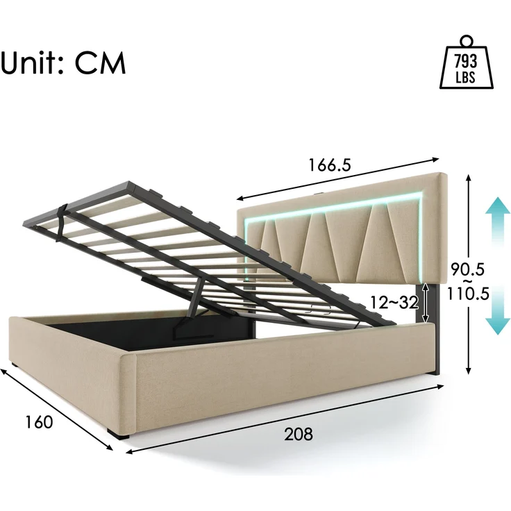 Polsterbett 160x200 cm aus Leinen mit Stauraum, USB- und Type-C-Anschluss und LED-Beleuchtung – Bild 5