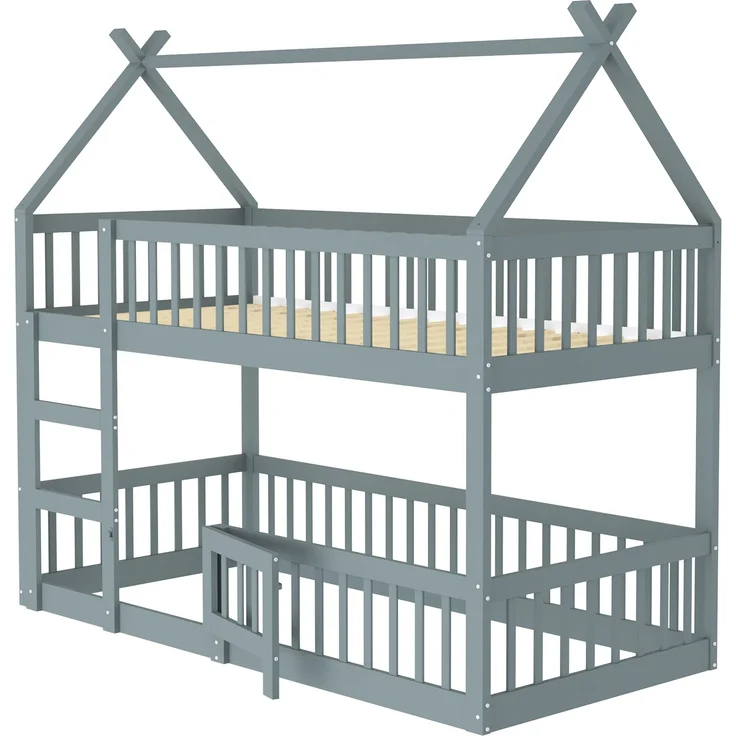 Hochbett Mit Spielebene Grau 90x200 Holz Metall Sicherheitsgeländer Treppe 120kg Tragkraft Kinderzimmer Spielbett Schlafbereich Multifunktional – Bild 5