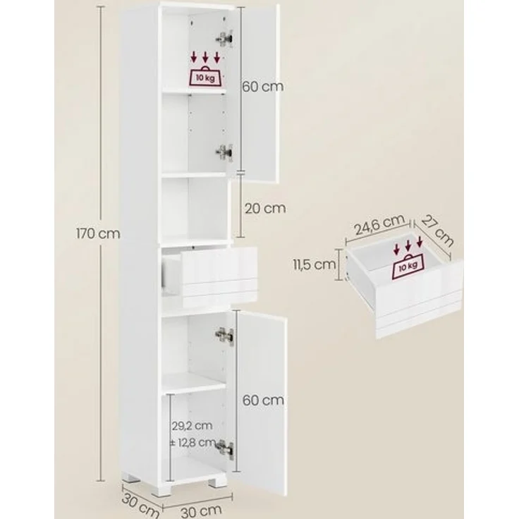 Vasagle Badkommode Badezimmerschrank mit einer Schublade, verstellbare Ablagen, 30 x 30 x 170 cm – Bild 4