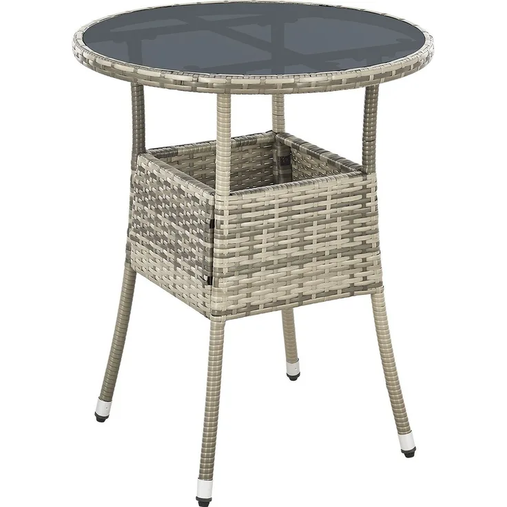 Juskys Polyrattan Gartentisch Yoro wetterfest - Balkontisch Ø 60 cm rund - Rattan Beistelltisch mit Glasplatte - kleiner Tisch für Balkon - Grau