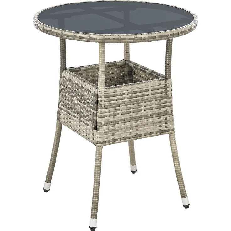 Juskys Polyrattan Gartentisch Yoro wetterfest - Balkontisch Ø 60 cm rund - Rattan Beistelltisch mit Glasplatte - kleiner Tisch für Balkon - Grau