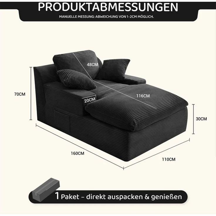 LITBIRD Chaiselongue 160 cm Loungesofa, Boneless Bodensofa & Schlafsofa mit Schlaffunktion, 1 Teile, Platzsparendes Cloud Sofa mit Armlehnen für Wohnzimmer – Bild 2