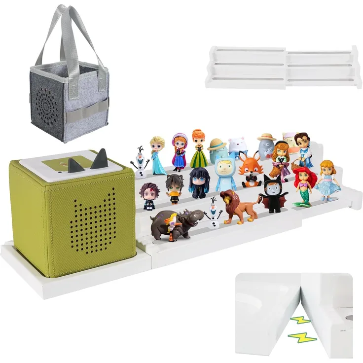 Givilio Expendable Wooden Tonie Shelf with Storage Steps - Extendable 3-Slot Organiser for Tonieboxes and Tonie Figures, Perfect for Kids' Rooms & Play Areas (White)