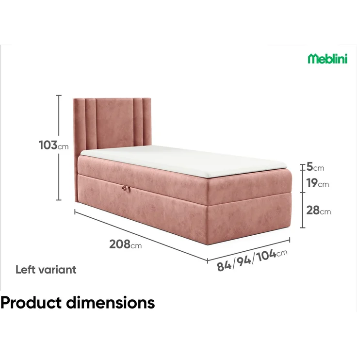 MEBLINI Kinderbett mit Bettkasten CARDI 90x200 Links – H3/Rosa Samt Gepolstert Einzelbett mit Matratze - Polsterbett mit Stauraum - Bett mit Kopfteil – Stauraumbett – Bild 6