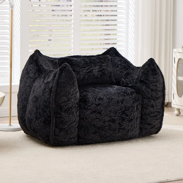 Riesiger Sitzsack mit Kissen, bequemer großer Sitzsack für Erwachsene und Kinder, Kunstfell-Bodensofa für Wohnzimmer, Schlafzimmer, Wohnung, Schwarz – 123 x 97 x 73 cm – YOUDENOVA