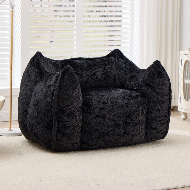 Riesiger Sitzsack mit Kissen, bequemer großer Sitzsack für Erwachsene und Kinder, Kunstfell-Bodensofa für Wohnzimmer, Schlafzimmer, Wohnung, Schwarz – 123 x 97 x 73 cm – YOUDENOVA – Bild 1