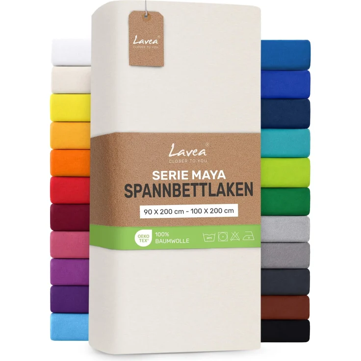 Lavea® Spannbettlaken 90x200cm - 100x200cm Maya Jersey, Bettlaken aus 100% Baumwolle, mit Rundumgummi für Matratzen bis 20 cm, atmungsaktiv, pflegeleicht, formstabil, Spannbetttücher, Creme Naturweiß