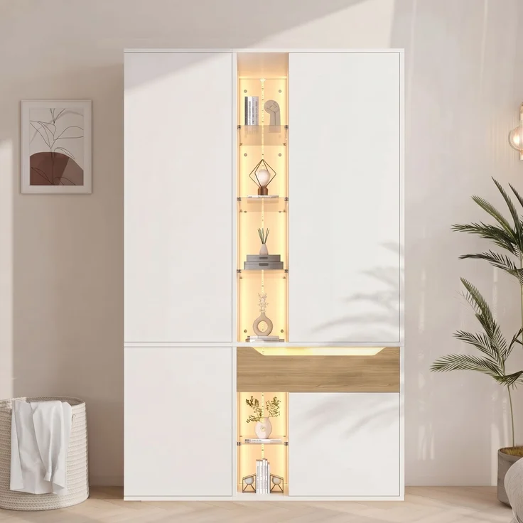 Kleiderschrank 122 x 50 x 200 cm aus MDF mit Glasvitrine und LED-Beleuchtung – Bild 2