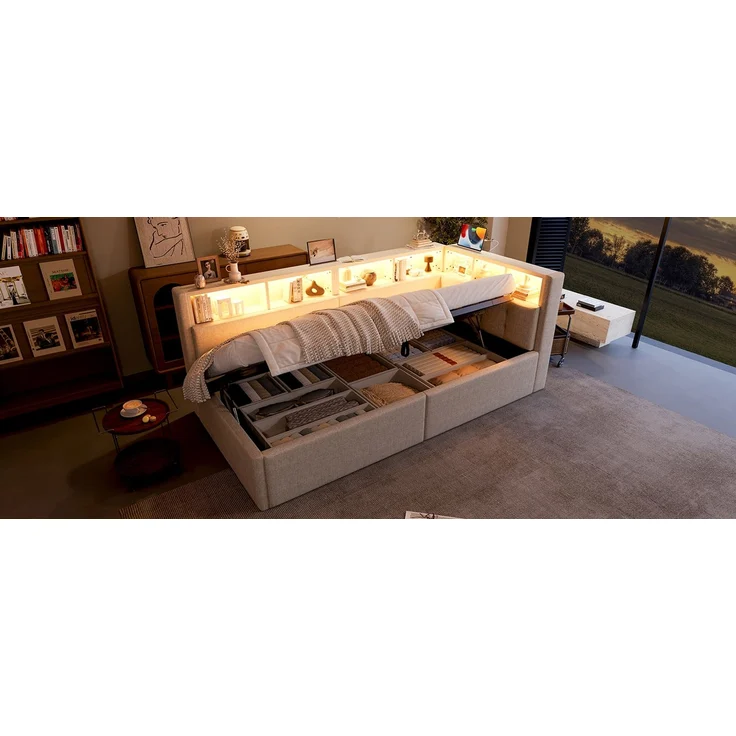 ZUBALIYA Schlafsofa / Tagesbett, mit hydraulische Aufbewahrungsfunktion und mehrfarbiger LED-Streifenbeleuchtung, 90 x 200 cm, Leinen, Beige, fürs Schlafzimmer, mit Stauraum, mit LED, Samt – Bild 25