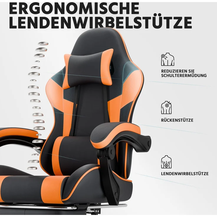 Gaming-Stuhl, PVC-Leder, ergonomisch, mit verstellbarer Rückenlehne & Fußstütze, 58,5x63x120,5 cm, Schwarz+Orange – Bild 10
