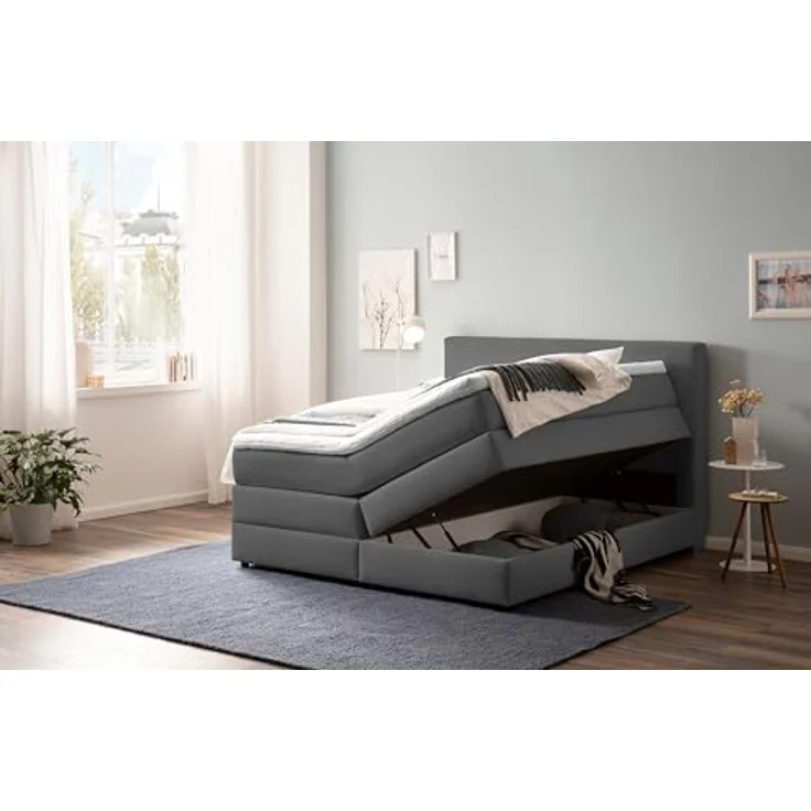 Belanoti Boxspringbett LOFT (Boxspringbett 160x200 mit Bettkasten, 7-Zonen Taschenfederkern Matratze inklusive Visco Topper), Bett 160x200 in der Farbe Anthrazit H2/H3 Polsterbett – Bild 8