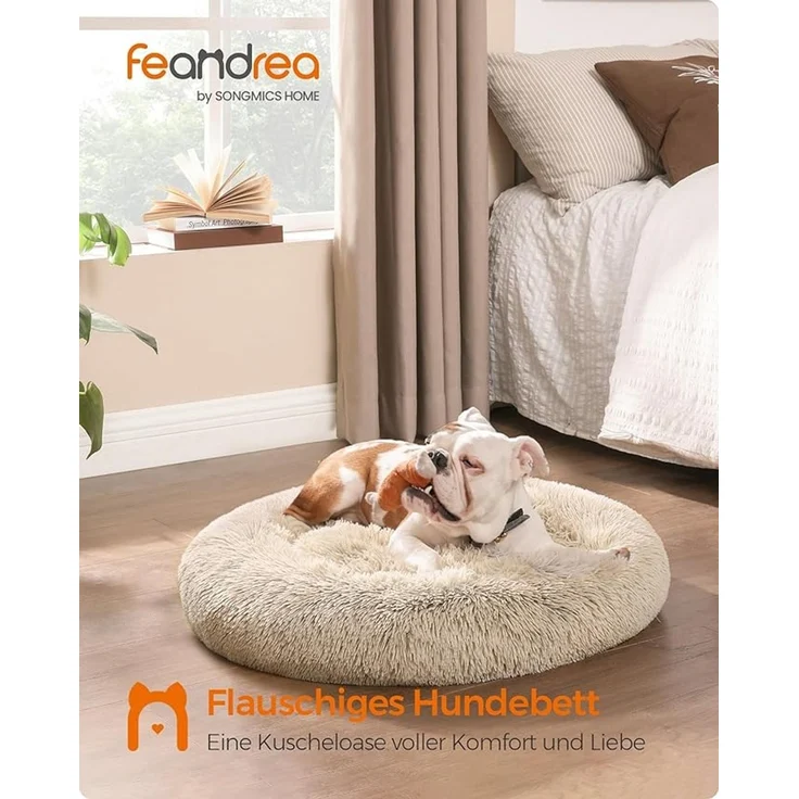 Feandrea Hundebett flauschig, Katzenbett, Donut Kissen, waschbar, Polsterung in der Mitte herausnehmbar, langer Plüsch, 90 cm Durchmesser, Ombré-Khaki – Bild 2