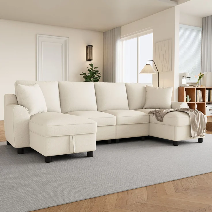 U-life Modernes Chenille U-Form 280x137 cm, fürs Wohnzimmer, 2-Sitzer, Zwei Kissen, Chaiselongues, Großzügig, Chenille, Beige – Bild 7