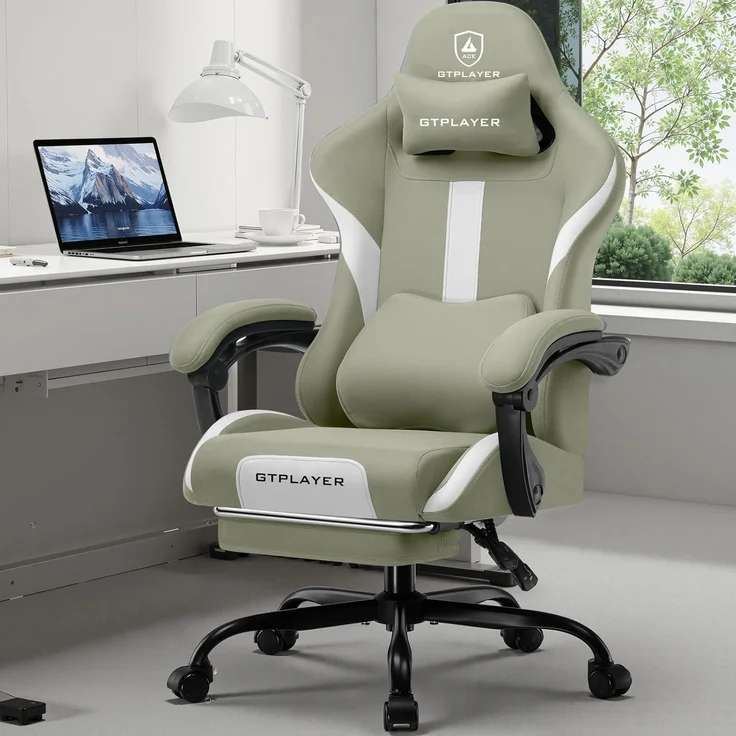 GTPLAYER Gaming Stuhl Bürostuhl Ergonomisch Gaming Sessel mit Kopfstütze und Cloud-Lendenkissen, Gepolstert Gaming Chair mit Fußstütze, Drehsessel,150kg Kapazität, Grün – Bild 2