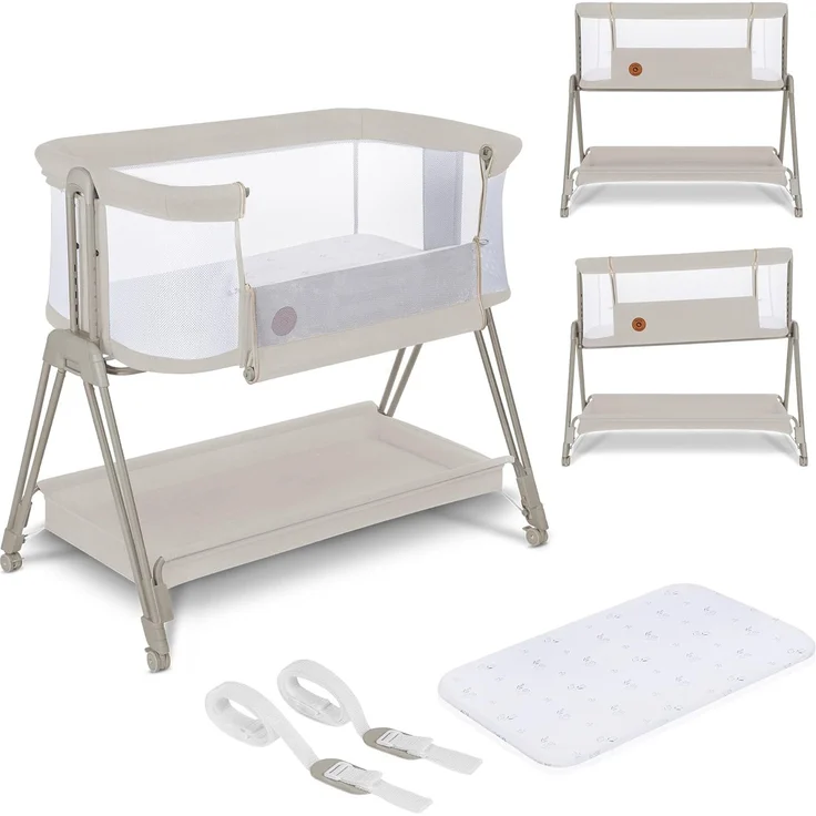 lionelo Luna 2-in-1 Nachttisch für Babys von Geburt bis 9 kg, mit Verstellbarer Höhe und Neigung, 4 feststellbare Räder, tragbar, atmungsaktiv, Netzgewebe, waschbare Matratze und Bezugskorb – Bild 1