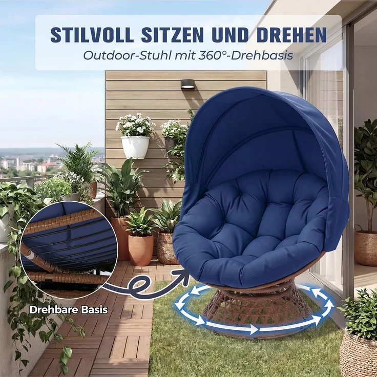 COMHOMA Papasansessel, gemütlicher Drehsessel mit Kissen rund, bequemer Rattansessel, Loungesessel drehbar, runder Relax Korbsessel Rattan für Wohnzimmer, Leseecke, Lounge - BLAU – Bild 5