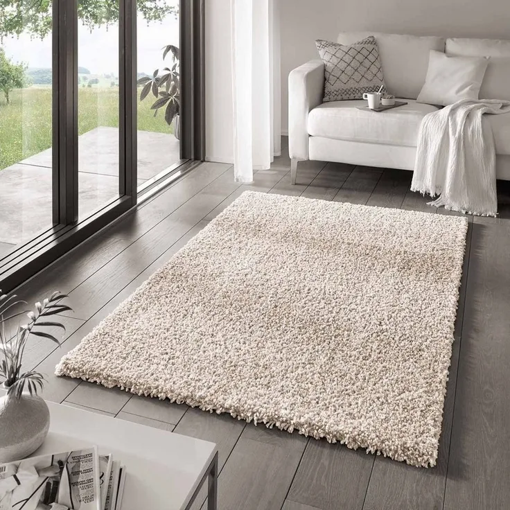 TaraCarpet Langflor-Teppich Venezia Shaggy, rund, Höhe: 35 mm, Hochflor Shaggy Uni Creme Wohnzimmer Schlafzimmer 080x080 cm