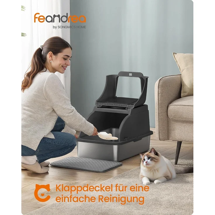 FEANDREA Katzenklo, Katzentoilette, Edelstahl, mit Deckel, Schaufel, Bürste, für Katzen bis 15 kg, schwarz – Bild 2