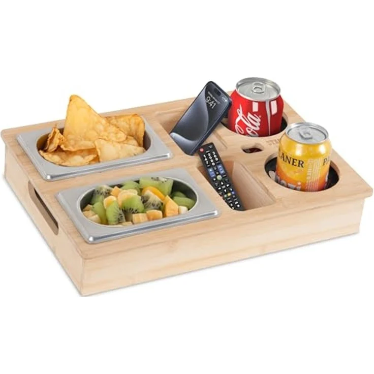 Stagecaptain Tablett CBW-45 NT Couchbar aus nachhaltigem Bambus für Wohnzimmercouch, (praktische Griff-Aussparungen), 7 Staufächer für z. B. Snacks und Getränke sowie Flaschenöffner – Bild 1