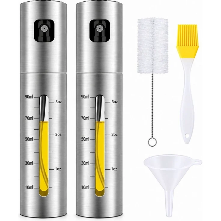 Fyrove Ölspender Küchensprüher, Essigsprüher für Kochen und Grillen, (2-tlg, Sprühspender, Gewürzsprayer für Salat, Backen und Heißluftfritteuse), 2 × 100 ml, Edelstahl, Messskala, feiner Nebel, 5-tlg. Zubehör – Bild 1