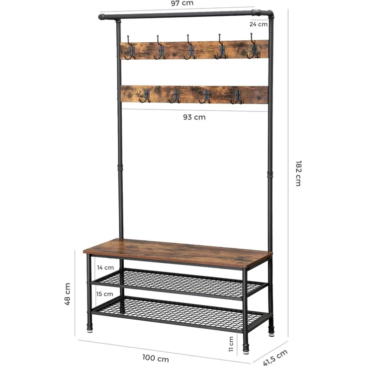 Vasagle Garderobenständer mit Sitzbank und Haken, Holz Vintagebraun/Schwarz, 100 x 41,5 x 182 cm – Bild 5