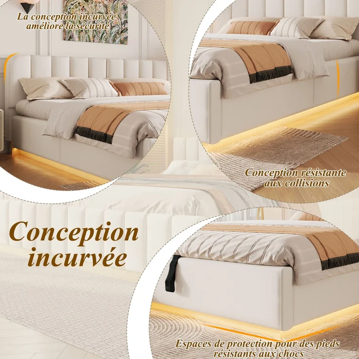 TavilaEcon Boxspringbett Polsterbett mit sicherer Matratzenfixierung & Abgerundete beige Liegefläche 180 × 200 cm – Bild 6