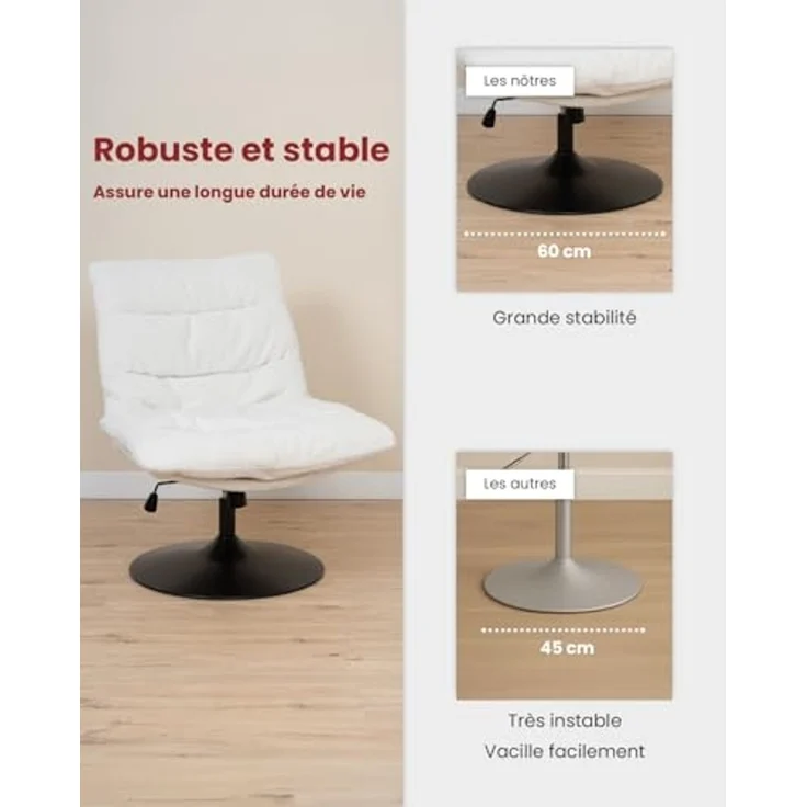 MEUBLE Cosy Bürostuhl Ergonomisch Schreibtischstuhl mit höhenverstellbar 360° Drehbar Kippfunktion ohne Armlehnen, Bouclé-Stoff, Weiß – Bild 5